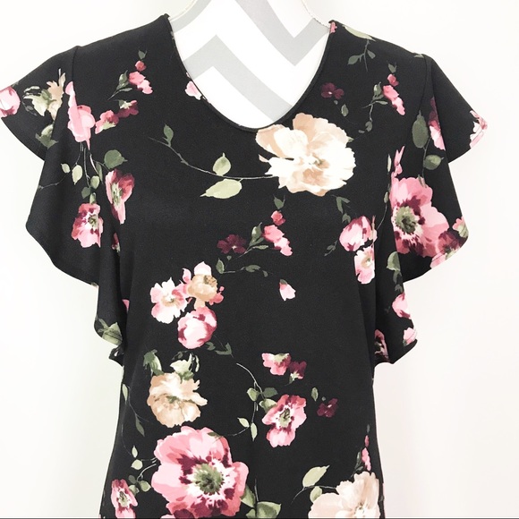 Les Amis Midi Dress Ruffle Flutter Sleeves Black - Picture 2 of 9